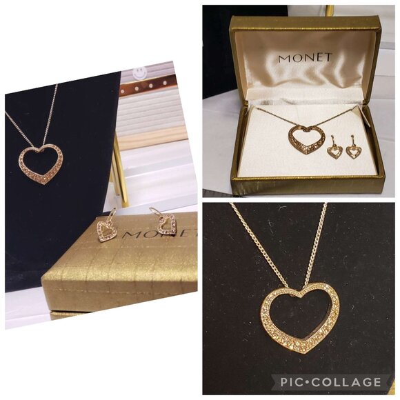 New Old Stock (late 80s/90s) Monet Rose Gold Heart Necklace & Earrings In Case - Picture 1 of 9